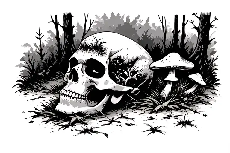 skull laying on a forest floor with mushroom growing from eye tattoo design idea