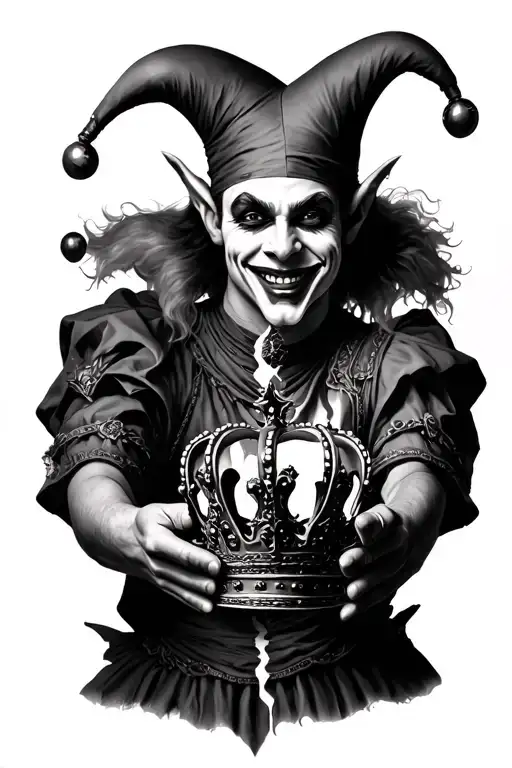 smiling cunning jester holding a broken crown in his hands tattoo design idea