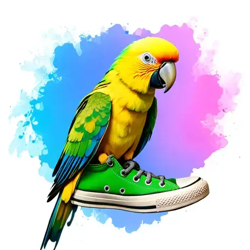 pale yellow Indian ringneck parrot with a green canvas sneaker tattoo design idea