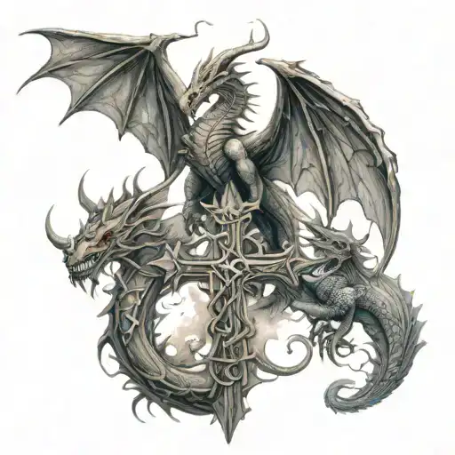 Cross- and dragons flying tattoo design idea