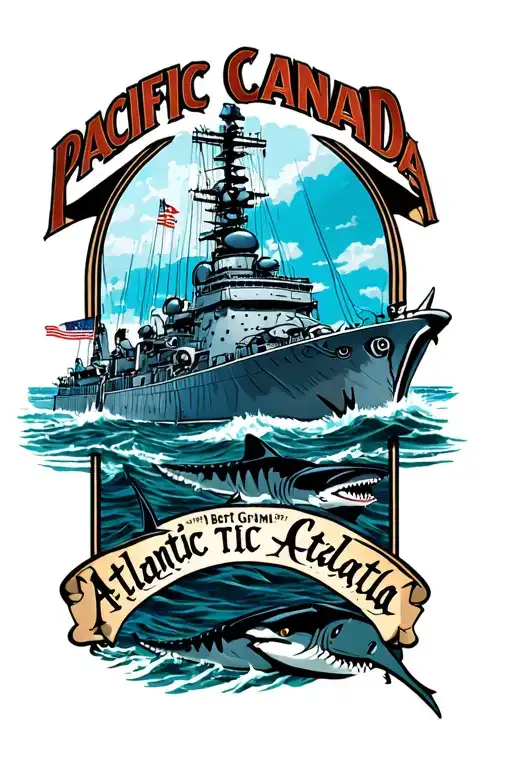 "Pacific Canada Atlantic" Bert Grimm backpiece. WWII battleship framed by sharks. tattoo design idea