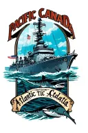 "Pacific Canada Atlantic" Bert Grimm backpiece. WWII battleship framed by sharks. tattoo design idea
