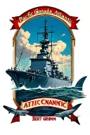 "Pacific Canada Atlantic" Bert Grimm backpiece. WWII battleship framed by sharks. tattoo design idea