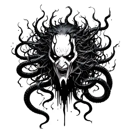     Knull’s face emerging from a void-like abyss, his tendril hair morphing into symbiote snakes that wrap around tattoo design idea