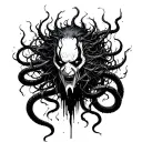     Knull’s face emerging from a void-like abyss, his tendril hair morphing into symbiote snakes that wrap around tattoo design idea