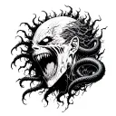     Knull’s face emerging from a void-like abyss, his tendril hair morphing into symbiote snakes that wrap around tattoo design idea