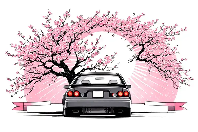 Nissan Skyline R32 Sedan tail lights shining Under blossom tree with Rising Sun Banner in the background and white moon tattoo design idea