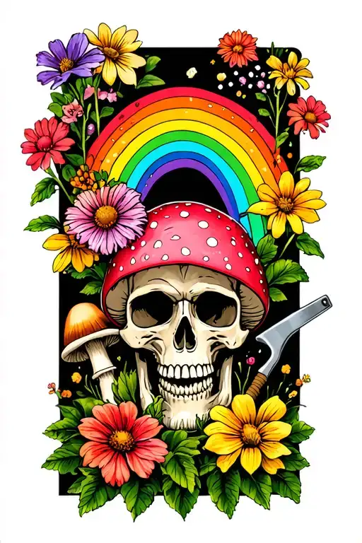 flowers, mushrooms, garden tools, skull, rainbow tattoo design idea