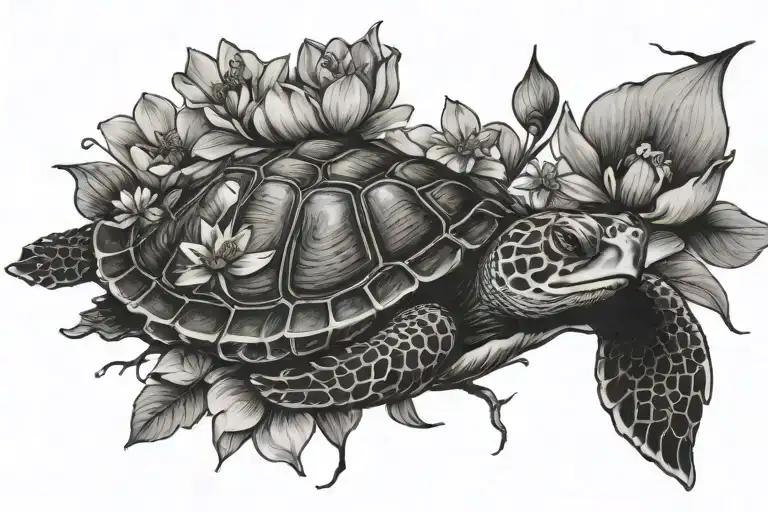 turtle peeking thru lotus flower blooming cherry blossom tattoo design idea