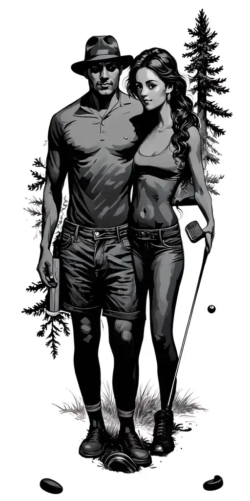 pine forest and father and mother and daughter and son and daughter and golf and time tattoo design idea