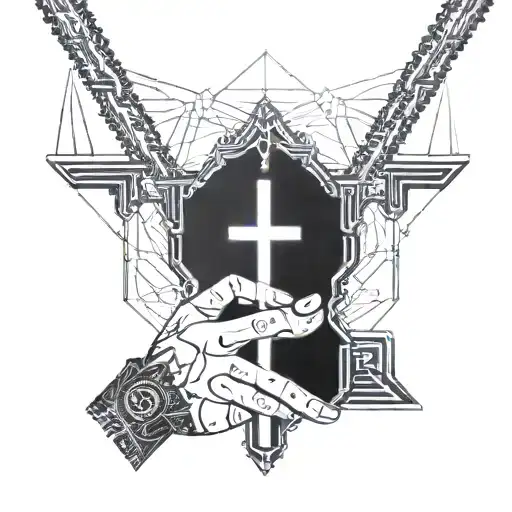 psycho gothic punk lighting striking down on a cross necklace being held together by hands praying tattoo design idea
