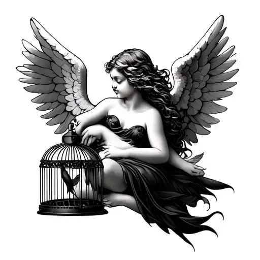 Lying angel and bird cage tattoo design idea