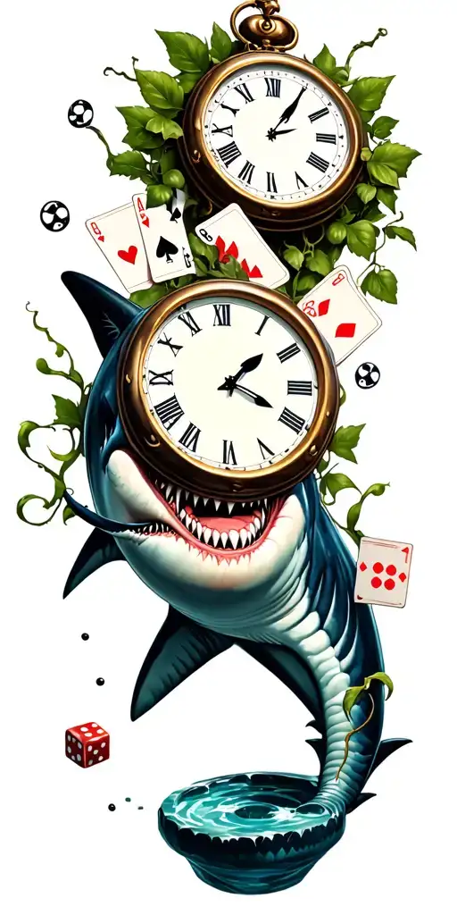 pool of sharks, clock,cards,vines,dice tattoo design idea