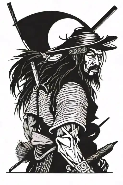 A Ronin warrior with dreadlocks and a straw hat on his back. Also, in the background a full moon. tattoo design idea