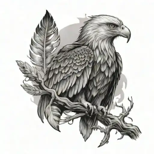 A majestic eagle perched on a tree branch with feathers swirling around it tattoo design idea
