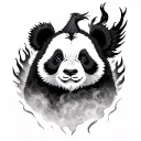 "Mysterious, intense atmosphere" A dark panda, with a piercing gaze, surrounded by mist, while a phoenix in black flames rises behind it. tattoo design idea