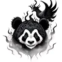 "Mysterious, intense atmosphere" A dark panda, with a piercing gaze, surrounded by mist, while a phoenix in black flames rises behind it. tattoo design idea