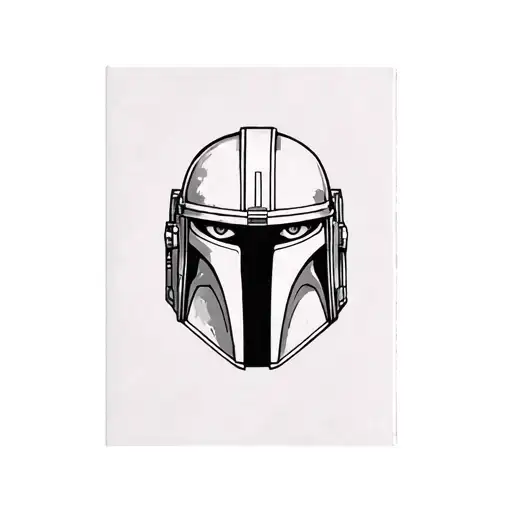 A blackwork tattoo of a Mandalorian helmet with Mythasour eyes peering through the visor tattoo design idea
