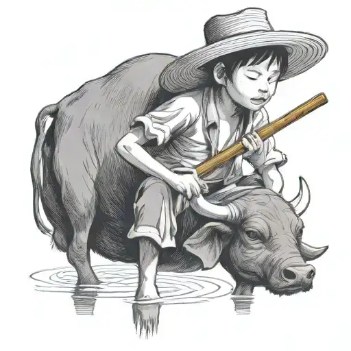 straw hat child farmer playing bamboo flute siting on water buffalo tattoo design idea
