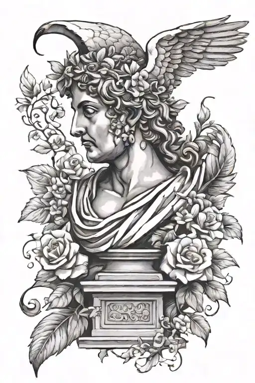 Greek statue with one wing and vines and flowers  tattoo design idea