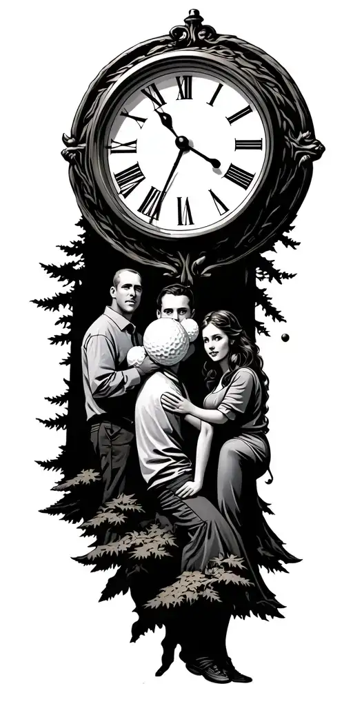 adirondack forest and golf and father and mother and daughter and son and daughter and clock tattoo design idea