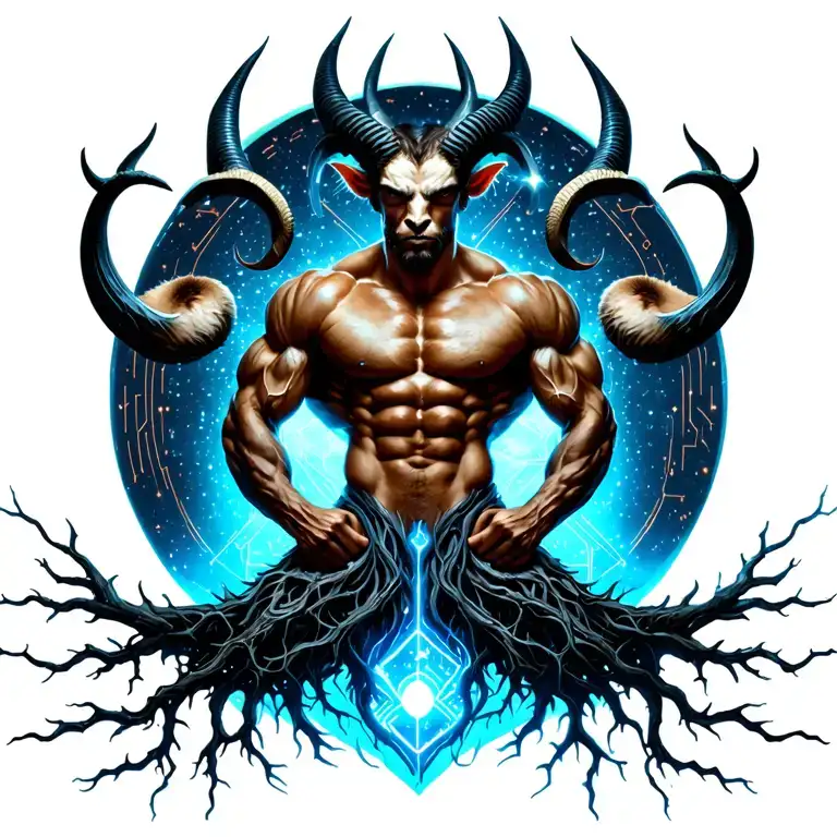 sexy gay male horned satyr with massive bodybuilder muscles flex. cyber tree roots, wild animals and constellations tattoo design idea
