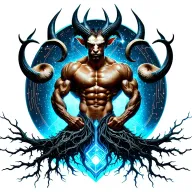 sexy gay male horned satyr with massive bodybuilder muscles flex. cyber tree roots, wild animals and constellations tattoo design idea