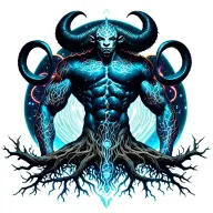 sexy gay male horned satyr with massive bodybuilder muscles flex. cyber tree roots, wild animals and constellations tattoo design idea