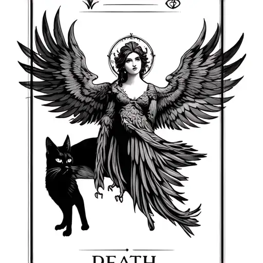 death tarot card with phoenix and a black cat for a woman  tattoo design idea