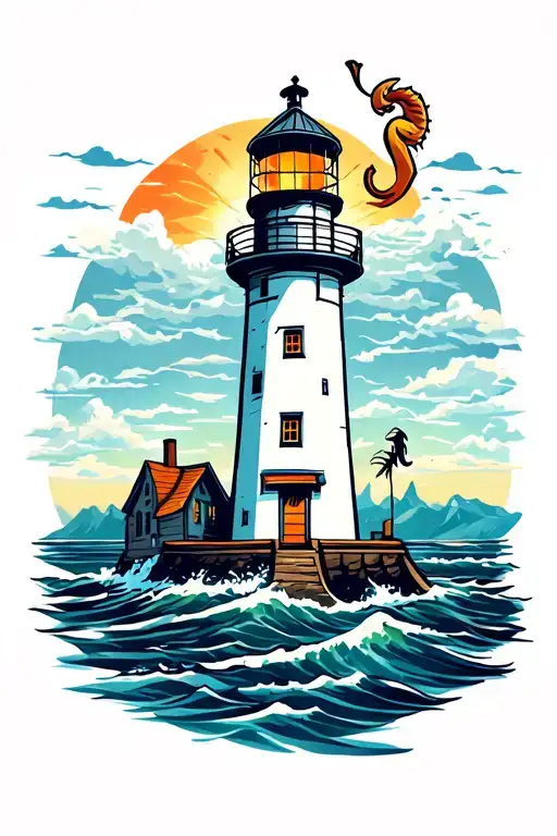 lighthouse with a kokopelli in the middle and shaded tattoo design idea