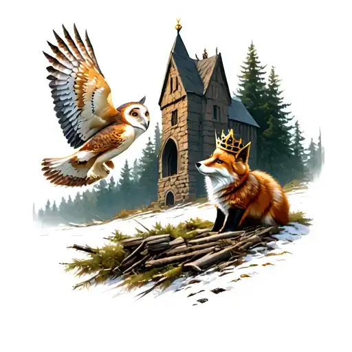 Ruined castle in background surrounded in a pine forest with a fox wearing a crown looking up at a barn owl in flight, s tattoo design idea