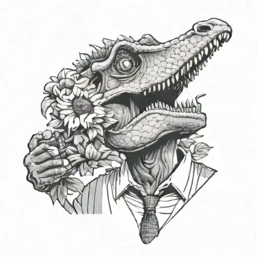 Dinosaur doing a funny human thing (smelling sunflowers? drinking coffee? Holding a microphone singing at a bar? tattoo design idea
