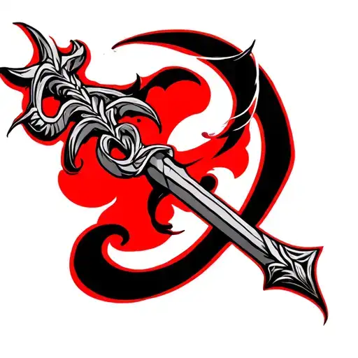 Make a dark fantasy tattoo of Hermes staff on the back for a male use black and red ink tatto should be located on upper tattoo design idea