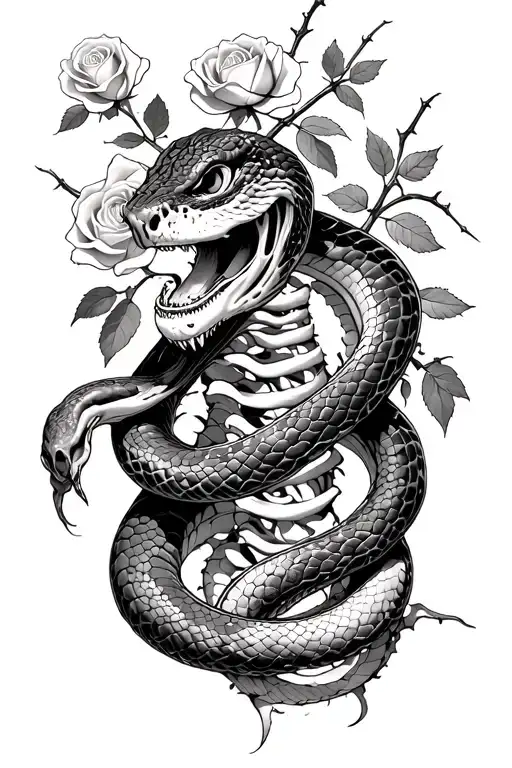 Snake shedding skin revealing its skeleton with roses and thorns growing from inside its skeleton tattoo design idea