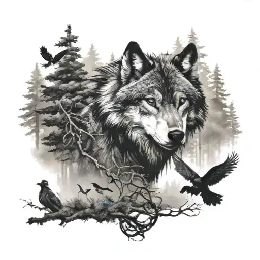 wolf in the forest with crows tattoo design idea