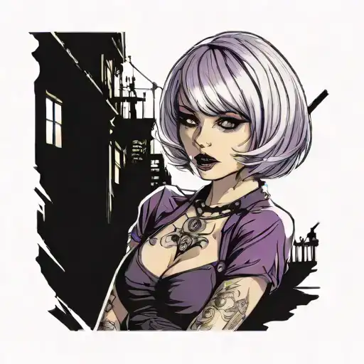 Sexy Petite Girl white short bob hairstyle, revealing clothes, big boobs, waist up view, purple eyes. gothic pin-up  tattoo design idea