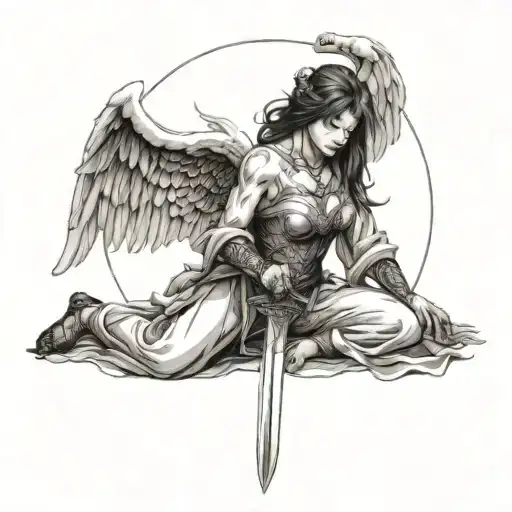 angel silk pierced by a katana while kneeling tattoo design idea