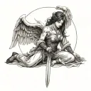 angel silk pierced by a katana while kneeling tattoo design idea