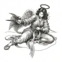 angel silk pierced by a katana while kneeling tattoo design idea
