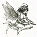 angel silk pierced by a katana while kneeling tattoo design idea