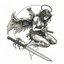 angel silk pierced by a katana while kneeling tattoo design idea