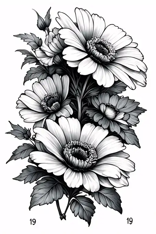the tattoo has to be 5 flowers intertwined, first flower an anemone flower with in the stem the number 19, second flower tattoo design idea