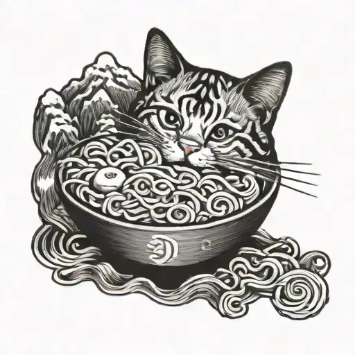 Cat, Ramen, mountain, music tattoo design idea