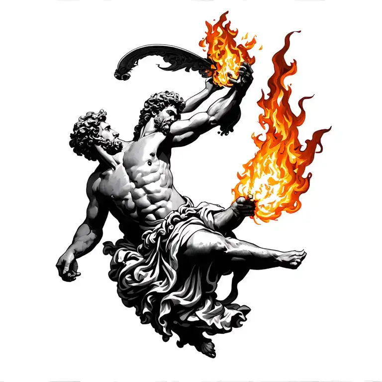 Mythological tattoo design of Prometheus stealing fire from Zeus and giving it to humanity, symbolizing sacrifice and ri tattoo design idea