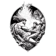 Mythological tattoo design of Prometheus stealing fire from Zeus and giving it to humanity, symbolizing sacrifice and ri tattoo design idea