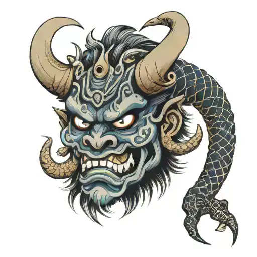 Japanese oni mask with 6 horns 3 eyes and snake wrapped tattoo design idea