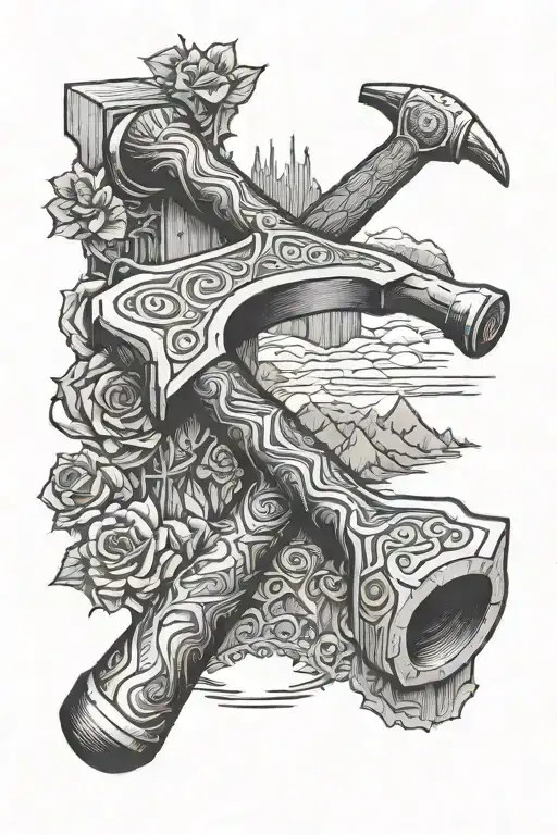 A detailed carving of a carpenter's hammer and saw surrounded by Alberta's iconic scenery tattoo design idea