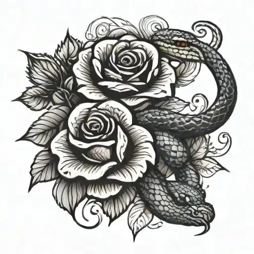 snake and roses tattoo design idea