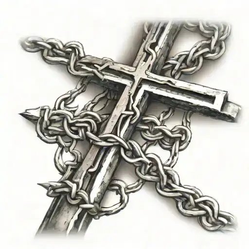 barbed wire with cross hanging pendant tattoo design idea