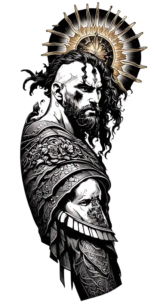 My idea it’s a complete sleeve with traditional style and connected The images: ares the good of war, mon, sun, a  tattoo design idea